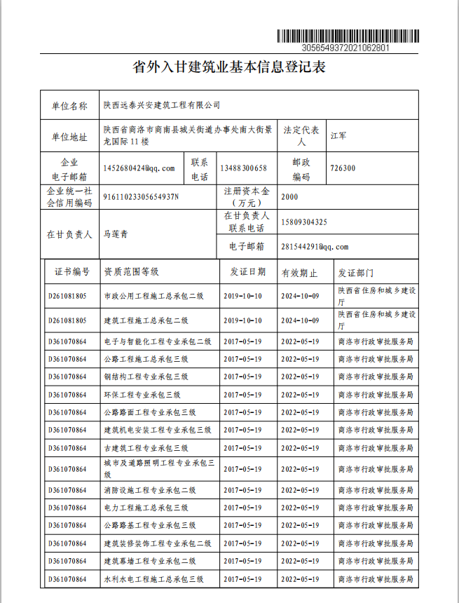 甘肅住房和城鄉建設廳  陜西遠泰興安建筑工程有限公司